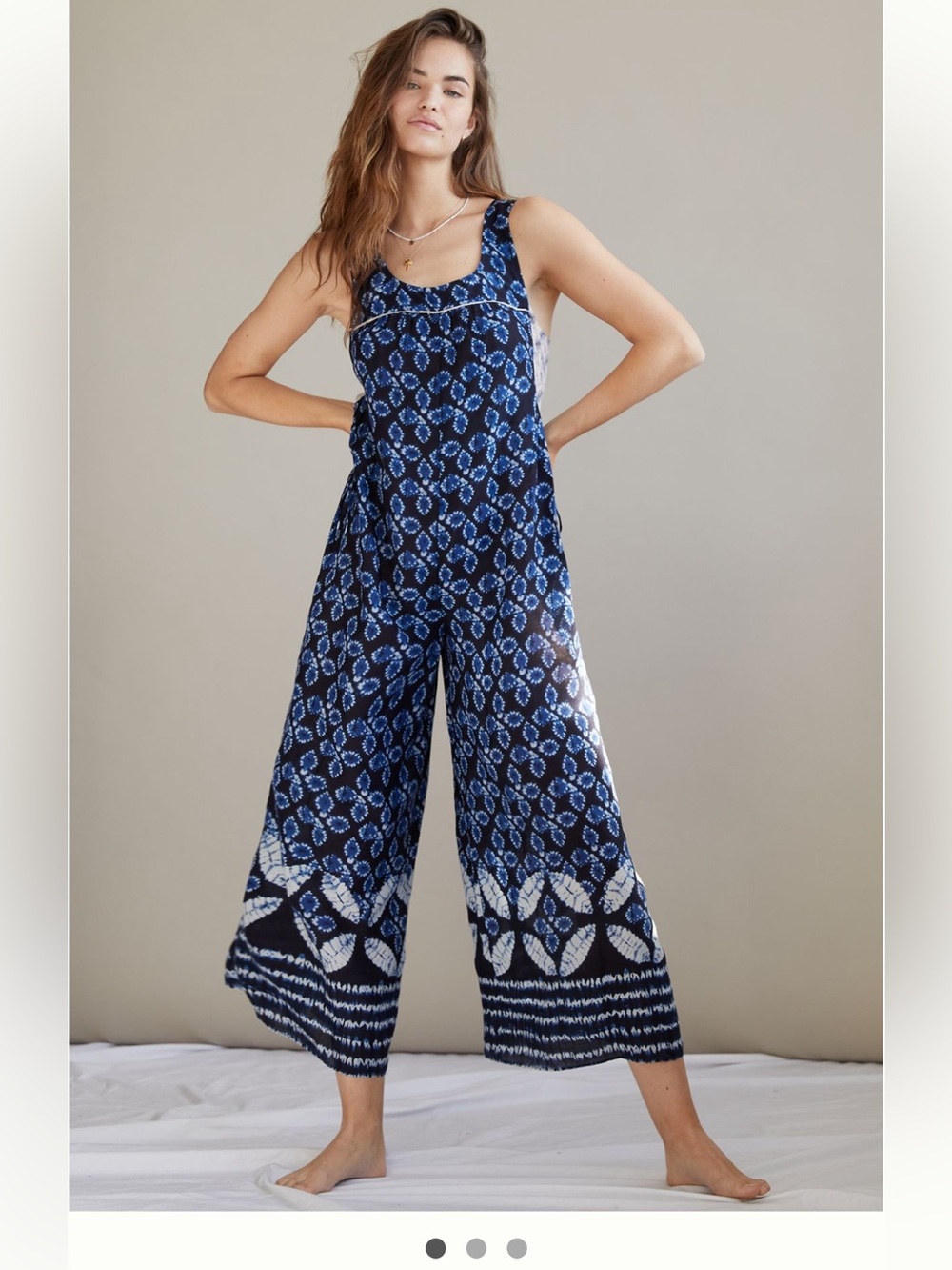 Anthropologie Navy & Cobalt Blue Printed Wide-Leg Jumpsuit